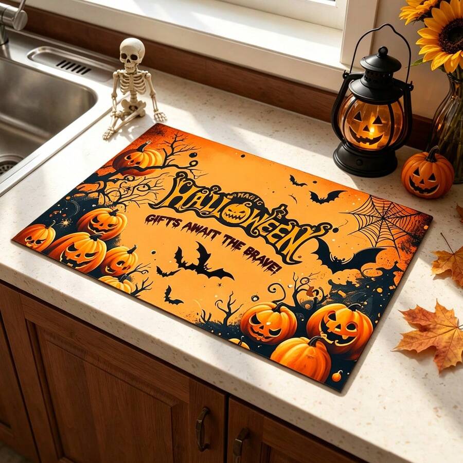 1pc Dish Drying Mat, Coffee Machine Mat, Halloween Theme Dish Drying Mat, Absorbent And Quick-Drying, Suitable For Dining Table And Kitchen, Creative Pumpkin And Bat Pattern, Atmospheric Tabletop Decor Mat, Holiday Item To Keep Countertop Clean, Multi-Purpose Drying Mat, Home Gift, Tabletop Decoration