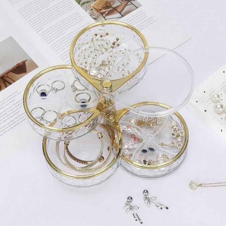 1 Pc 4‑Layer Rotatable Clear Jewelry Organizer Box, Transparent Jewelry Holder Case For Rings, Earrings, Necklaces, Bracelets, Makeup & Hair Accessories - Multicolor - View 1