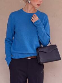 Women's New Autumn/Winter Solid Color Knit Pullover Long Sleeve Regular Fit Sweater, Warm And Comfortable, Light Blue, Suitable For Daily Wear - Blue - View 6
