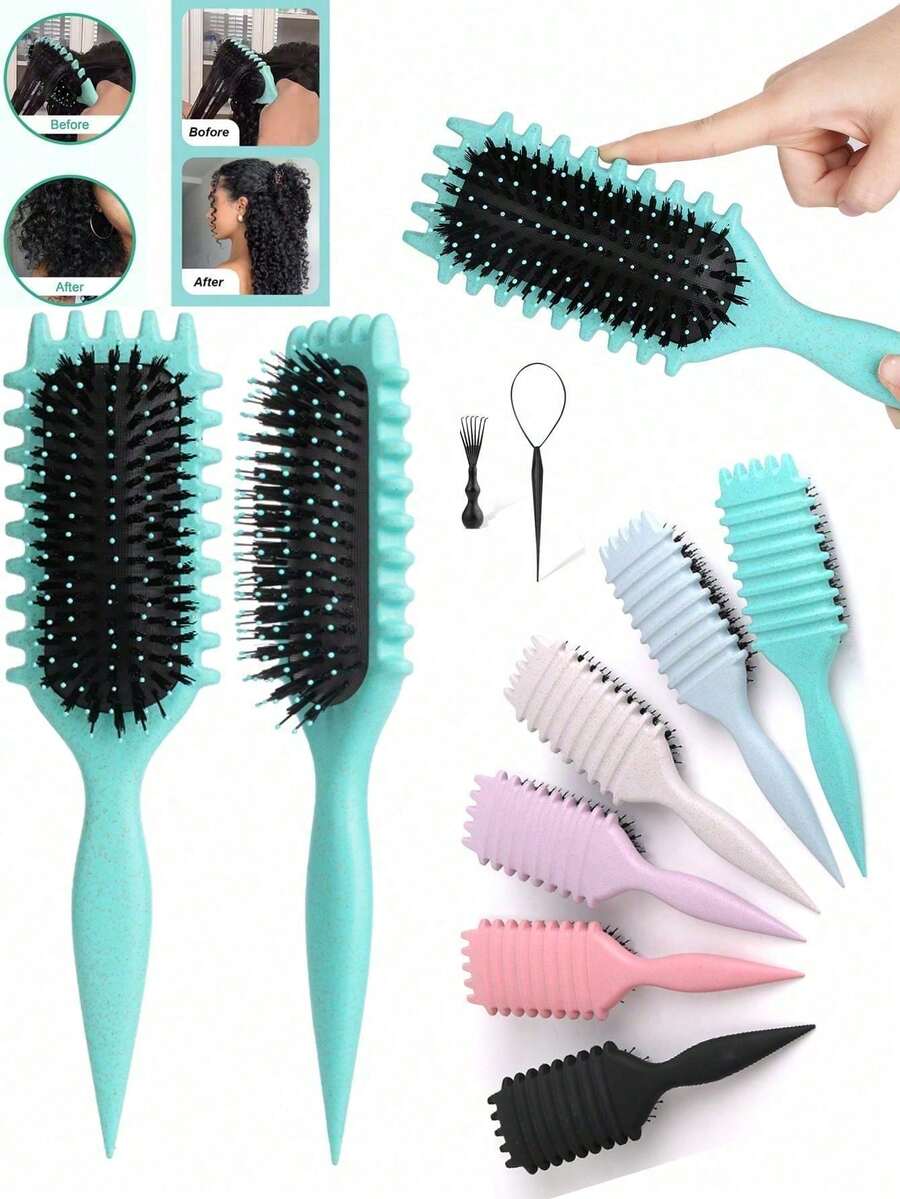 Curly Hair Defining Comb, Wheat Straw Anti-Tangle Styling Comb, Boar Bristle & Nylon Brush Curly Hair Defining Hairbrush, Home & Salon Hair Styling Tool - Multicolor - View 1