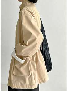 Women's Relaxed Fit Stand Collar Trench Coat, New Slimming Waist, Dropped Shoulder, Patchwork Cuffs, Loose Pockets, Versatile Workwear Commuter Thin Jacket, Early Autumn Spring - Apricot - View 6