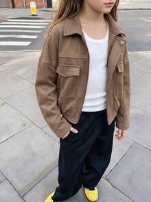 Girls' Urban Fashion Suede Jacket With Scalloped Edge, Metal Button Decor, Back To School Campus Outfit, Autumn/Winter Casual Daily Wear - Brown - View 8