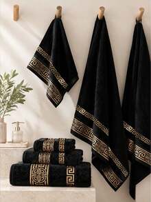 2 Pieces Set Or Single Premium Gold Thread Embroidered Towel Set, Soft Bamboo Fiber Bathroom Towels, Highly Absorbent Spa Quality Product With Classic Geometric Pattern Design, Luxury Home Decor, Perfect Housewarming And Wedding Gift - Black - View 2