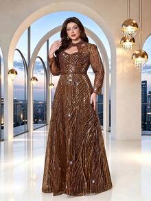 Plus Size Summer/Autumn Elegant High Neck Hollow Out Sequin Beaded A-Line Maxi Dress, Long Sleeve Sheer Tulle Formal Gown - Coffee Brown - View 5