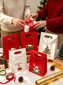 Christmas Paper Gift Bag With Bow Decoration, Christmas Snowman And Tree Pattern Portable Handheld Gift Bag, Holiday Party Favor Flip-Top Gift Bag, Christmas Gift Packaging Supplies - A - View 6