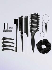 11pcs Curl Defining Brush Set, Hollow Bouncy Comb, Teasing, Rat Tail Comb, Edge Brush, Clip, Braiding Tool, Suitable For Daily - Multicolor - View 12