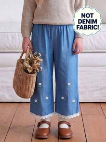 Girls' Wide Leg Pants, Fashionable New Style, Casual Daily Wear, Versatile Floral Embroidery Lace Hem Long Pants (Not Denim Fabric!!) - Blue - View 3