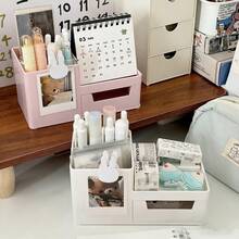 [Back To School]Cute Rabbit Desktop Storage Box With Drawer And Photo Frame, Multi-Functional Stationery, Cosmetics And Small Items Organizer, Macaron Color Office Dormitory Desktop Storage Rack - Compartment Pen Holder - View 3