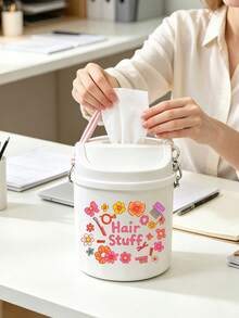 Stylish Cosmetics Print Swing Lid Car Trash Can, Detachable Hanging Rope,Multifunctional Desktop Sundry Storage Bucket, Makeup Brush Holder, Car Interior Decor, Back To School Holiday Gift,Household Essentials And Portable Travel Containers - Multicolor - View 2