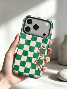 1pc Customized Warm Brown, Light Pink, Beige, Olive Green Four-Color Mixed Plaid Pattern Design, Personalized Signature Phone Case, Suitable For 17/16/15/14/13/12/11 Pro Max Air Phones, Back To School Gift, Graduation Gift, Vacation Gift, Valentine's Day Gift, Birthday Gift, Shockproof, Summer Dopamine Color Blocking, Cute Y2K Style - Multicolor - View 4