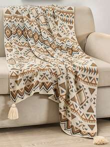 1pc Geometric Pattern Blanket, Nordic Style Polyester Fiber Knitted Rectangular Blanket, Suitable For Home, Office, Nap Time - Ukulele Beige - View 2