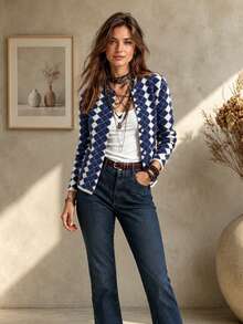 Bohemian Style Spring/Autumn New Women's Knit Cardigan Sweater, Preppy Vacation Elegant Casual Top - Blue - View 4