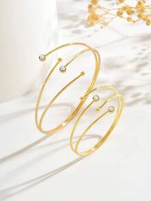 1 Set 2pcs Minimalist Versatile Creative Line Micro-Inlaid Rhinestone V-Shaped Open Adjustable Bangle Bracelet Jewelry Set Suitable For Women's Daily, Vacation And Party Wear - Gold - View 5