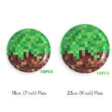 10/24pcs Pixel Block Disposable Paper Plates, 7/9 Inch Game Theme Plates, Retro Block Pattern, Green And Brown Ground Design, Video Game Style Birthday Party Supplies, Party Table Decor - Multicolor - View 11