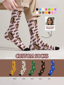 1 Pair Customizable Men's Mid-Calf Socks With Personalized Face Pattern, Any Face Can Be Printed On Socks, Personalized Photo Socks, Fun Custom Image Mid-Calf Socks, Suitable For Valentine's Day, Birthday, Gift, Halloween And Other Occasions, Personalized Customization - Multicolor - View 13