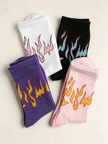 4/8 Pairs Niche Design Flame Pattern Unisex Mid-Calf Socks, American Vintage Vertical Stripe Texture, Ins Personalized Style, Random Style, Street Hip-Hop Versatile Casual Sports Socks, Couple Socks - Multicolor - View 1