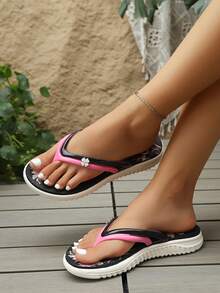 Women's Colorblock Printed Flip Flops, Fashionable Beach Sandals, Comfortable Outdoor Slippers For Vacation - Black - View 6