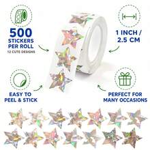 500pcs Holographic Star Stickers, Shiny Star Stickers, Holographic Stickers Suitable For Teachers, Parents, School, Learning, Training, Self-Adhesive Labels, Kids Party, Birthday, Incentive, Encouragement, Gift, Decoration, Stationery Stickers - Cartoon - View 2