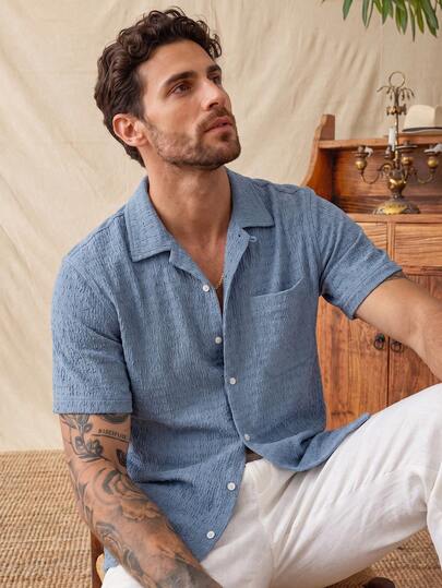 glestore Kemeja Pria Lengan Pendek Polos Klasik Gaya Retro Kasual dengan Tekstur - Sempurna untuk Semua Musim, Item Fashion yang Wajib Dimiliki