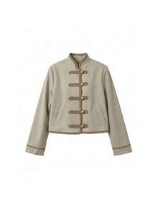 Imperial Style Short Jacket, Stand Collar Contrast Color Button Versatile Outerwear - Camel - View 9