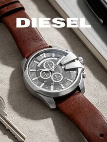 DIESEL Men's Large Dial Quartz Wristwatch, Silver Case, Brown Leather Strap, Multifunction Chronograph, Watch - Grey - View 3