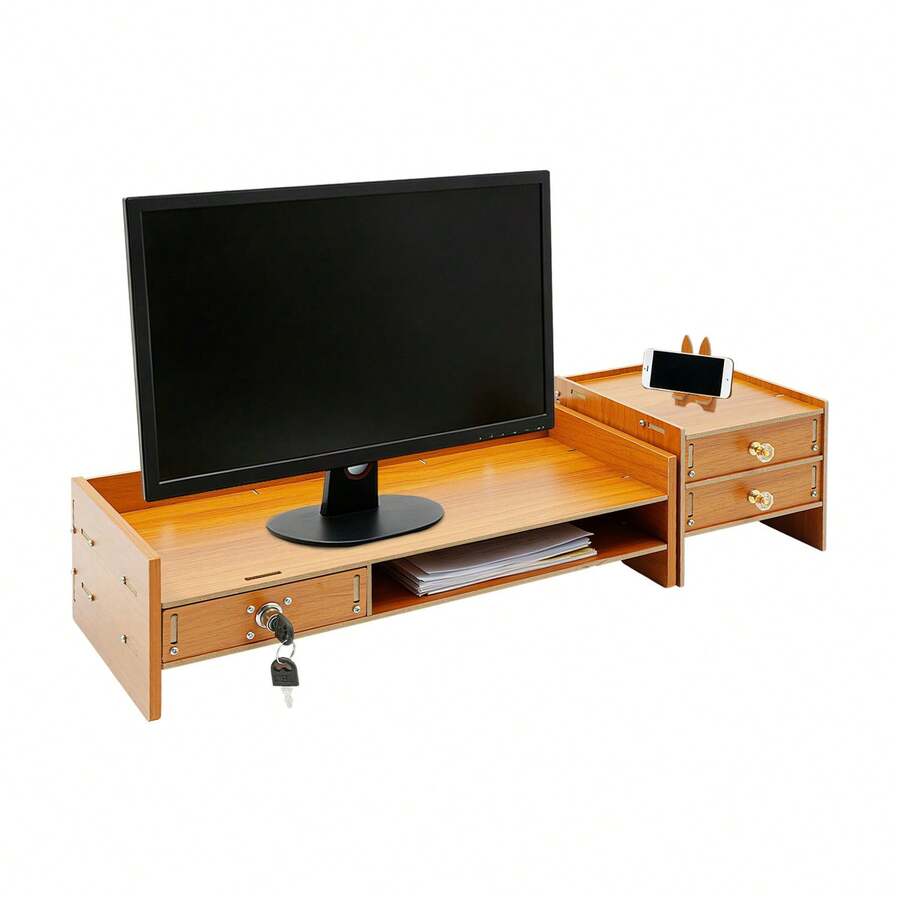 CNCEST Monitor Stand With 3 Drawers, 2 Tiers Laptop Computer Monitor Riser For PC Screen, Desktop Wooden Screen Monitor Stand Riser With Storage Organizer For Home Office - Wooden - View 1