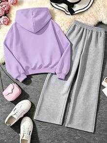 2pcs Hoodie Set, Printed With Number 67 And Bow Pattern, Paired With Simple Casual Wide Leg Pants, Comfortable Autumn/Winter New Outfit - Mauve Purple - View 3