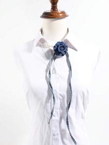 1pc Women's Denim Camellia Pearl Collar Accessory, Vintage Long Ribbon Shirt Bow Tie, Niche Accessory - Pearl Denim Flower Chain - View 2