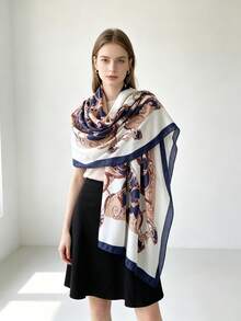 1PcVintage Chain Print Large Scarf, Soft Faux Cashmere Warm Shawl Wrap, Retro Old Money Style Fashion Neck Scarf For Women - Multicolor - View 2