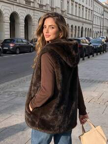 2026 Christmas Winter New Fashion Hooded Plush Faux Fur Elegant Casual Vest Jacket - Coffee Brown - View 5