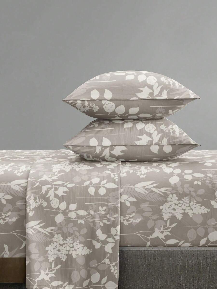 4-Piece Branch And Leaf Pattern Bedding Set, Made Of Easy-Care Fabric, Soft And Comfortable. Set Includes: 1 Flat Sheet, 1 Fitted Sheet, 2 Pillowcases. Suitable For King, Queen, Full, Twin Sizes, Fitted Sheet Fits Up To 11.8-Inch Mattress. Fabric Is Soft, Breathable, And Wrinkle-Resistant - Grey - View 1