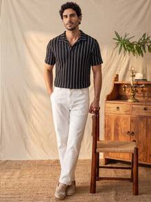 glestore Kemeja Polo Bergaris Gaya Retro Pria "Gaya Klasik" - Pakaian Kasual untuk Liburan, Fesyen untuk Perjalanan, Gaya Serbaguna - Hitam - View 5