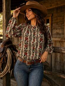 Plus Size Women's Printed Round Neck Summer Shirt, Loose And Slimming, Retro French Romantic Elegant Casual Style Vacation - Apricot - View 2