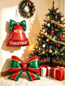 2PCS Christmas Bell & Bow Aluminum Foil Balloon Set, Suitable For Christmas Tree Hanging Decorations, Holiday Party Decor, Christmas And New Year Decorations - Christmas Bell Bow - View 1