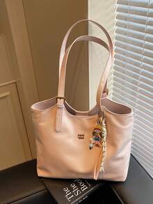 Solid Color Soft Tote Bag With Cute Plush Doll Buckle, Adjustable Strap, Casual Large Shoulder Bag For Women, Travel, School, Outdoor, Shopping, Daily Use, Popular Versatile Accessory - Pink - View 2