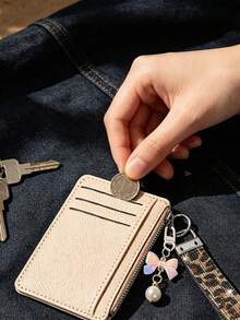 Slim Pu Leather Card Holder Wallet,Multi Card Slots Coin Purse With Rhinestone Wristlet Strap Bow Pendant Keychain, Portable Id Card Case Daily Use - Multicolor - View 2
