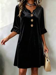 Casual Plus Size Black Velvet Dress, Women's V-Neck A-Line Midi Dress, Button Detail Design, Three-Quarter Ruffle Sleeves, Suitable For Autumn/Winter Wear - Black - View 3