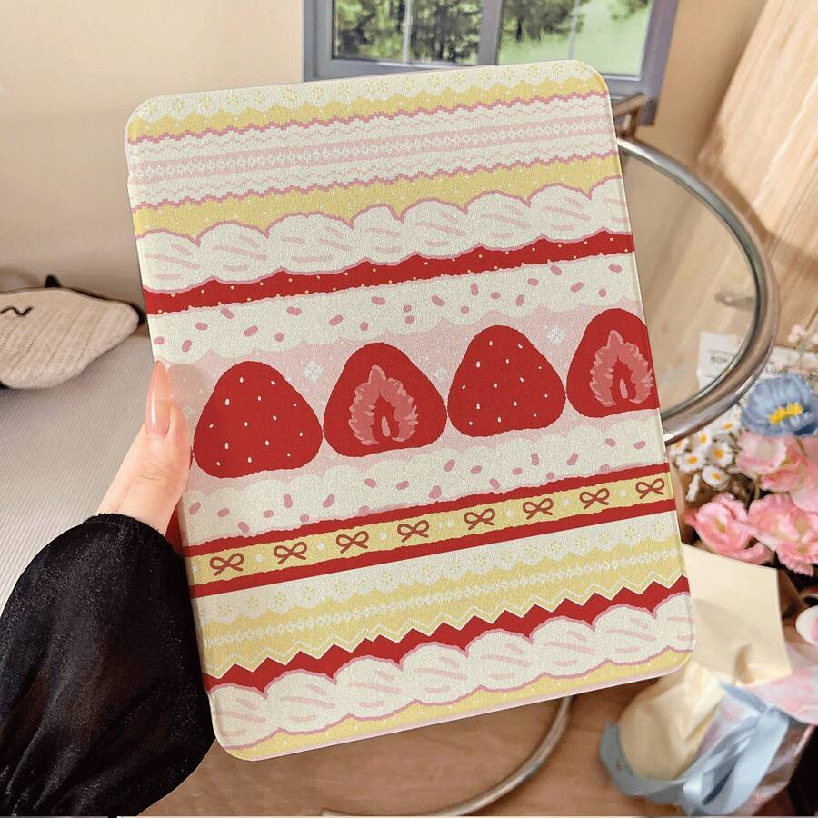 1件可愛蕾絲草莓蝴蝶結條紋印花360度旋轉平板保護殼，相容iPad 10代 10.9吋 2022智能保護殼/Air 13(M3 2025)/Air 11(M3 2025)/11(A16 2025)，相容Oppo Pad，相容 MatePad，相容Vivo Pad，相容Honor Pad，相容Xiaoxin Pad