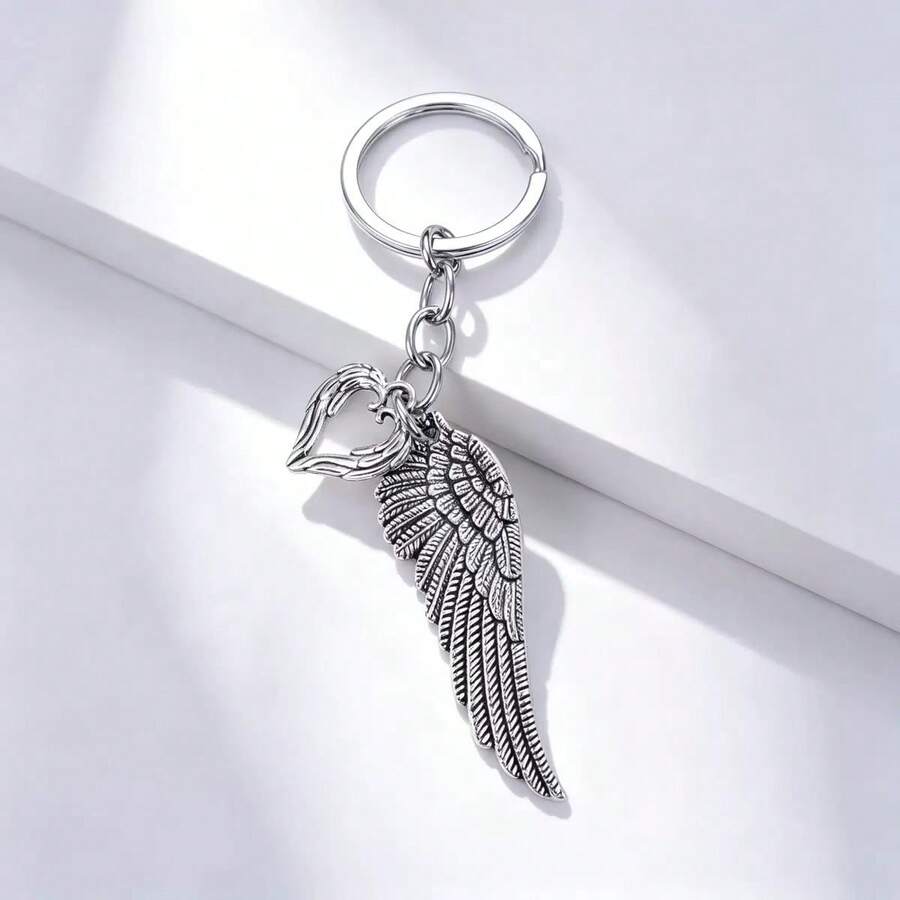 1pc Hollow Heart Angel Wing Keychain, Women's & Men's Handbag Accessory, DIY Jewelry Souvenir Gift - Antique Silver - View 1