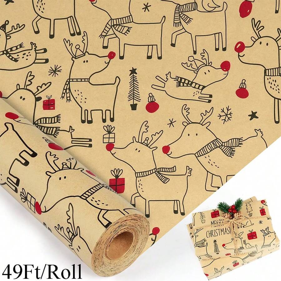 1 Roll Christmas Wrapping Paper -17 Inch * 49Feet -Wrapping Paper Roll For Christmas Gift Box Birthday Party Decoration- Lovely Deer Design Marry Christmas - 17in X 49feet - View 1