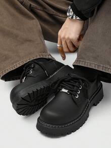 Spring/Summer New Men's Chunky Heel Casual Dress Shoes, Business Low-Top Lace-Up Formal Shoes, Minimalist Derby Shoes For Party, Wedding, Commute, Date, Work - Black - View 3