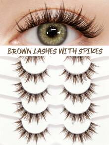 6 Pairs Brown Spiky False Eyelashes, Transparent Stem Manga Eyelashes, Japanese Anime Cosplay Natural Makeup Party False Eyelashes - Brown - View 1