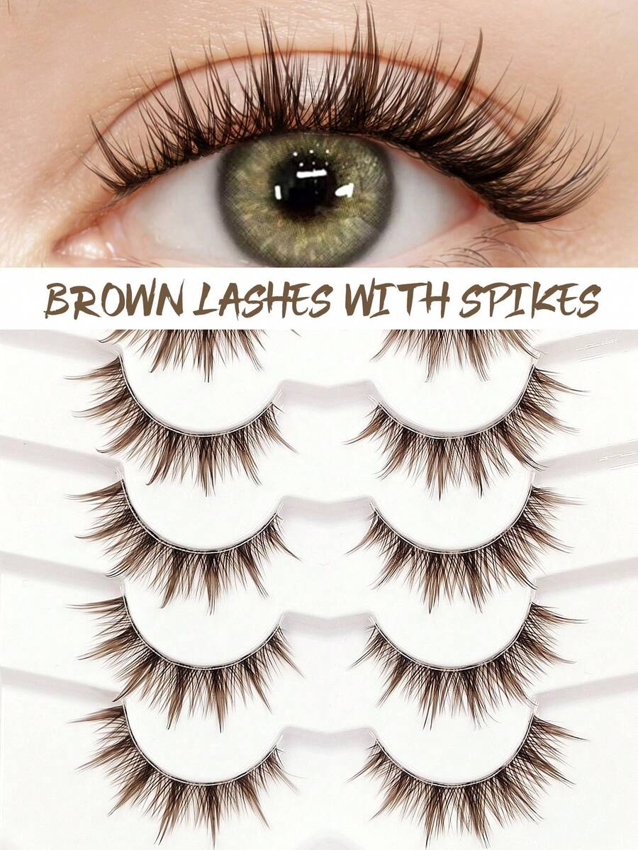 6 Pairs Brown Spiky False Eyelashes, Transparent Stem Manga Eyelashes, Japanese Anime Cosplay Natural Makeup Party False Eyelashes - Brown - View 1