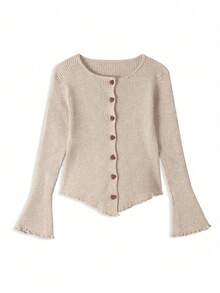 Women's Heart Button Cardigan Sweater, Autumn/Winter Loose Fit Asymmetrical Long Sleeve Knit Top, Elegant And Gentle Style - Oatmeal - View 5