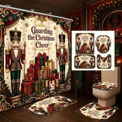 1pc/4pcs Christmas European Vintage Nutcracker Gift Box Multi-Functional Bathroom Decor Shower Curtain Set, Free 12 Hooks, Premium Holiday Atmosphere, Bathroom Mat, U-Shaped Floor Mat And Round Toilet Lid Cover, Suitable For All Christmas Scenes Decoration
