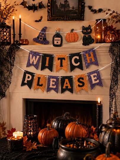 1 Set Halloween Felt Banner Set, Halloween Letter Garland With Vampire, Owl, Pumpkin, Black Cat, Ghost And Circus Pennants, Vintage Gothic Single-Layer Felt Banner With White Ribbon For Party Backdrop Wall Decor