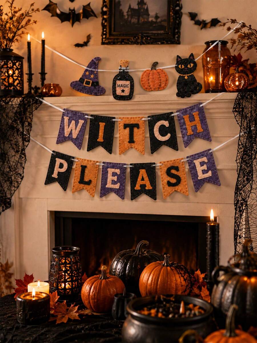 1 Set Halloween Felt Banner Set, Halloween Letter Garland With Vampire, Owl, Pumpkin, Black Cat, Ghost And Circus Pennants, Vintage Gothic Single-Layer Felt Banner With White Ribbon For Party Backdrop Wall Decor - B - View 1