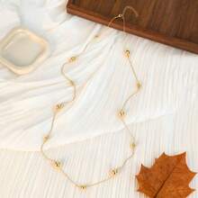 1pc Women's Elegant Gold Ball Long Necklace, French Minimalist Beaded Sweater Chain, Simple Daily Neck Jewelry Gift - Gold - View 4