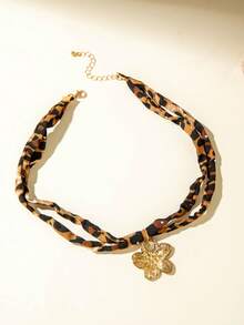 1pc+2pcs/ Personalized Fabric Polyester Leopard Print Cross Vortex Starfish Pendant Necklace, Suitable For Women's Daily Vintage Outfit Jewelry Gift - Multicolor - View 7