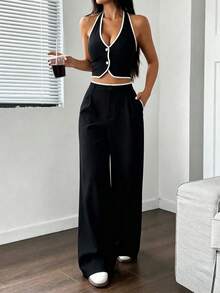 Conjunto 2 Piezas Top Halter Espalda Descubierta y Pantalones Anchos, Elegante Outfit para Salir y Oficina, Estilo Chic Formal para Mujer - Negro - Ver 2